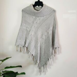 Dressbarn gray turtle cowl neck poncho, fringe, chunky knit shawl poncho S/M